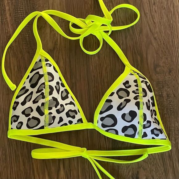 GlideSoul Bundle of 2 Swim Tops Neon Yellow Leopard Halter Zipup and Triangle S - Picture 4 of 8